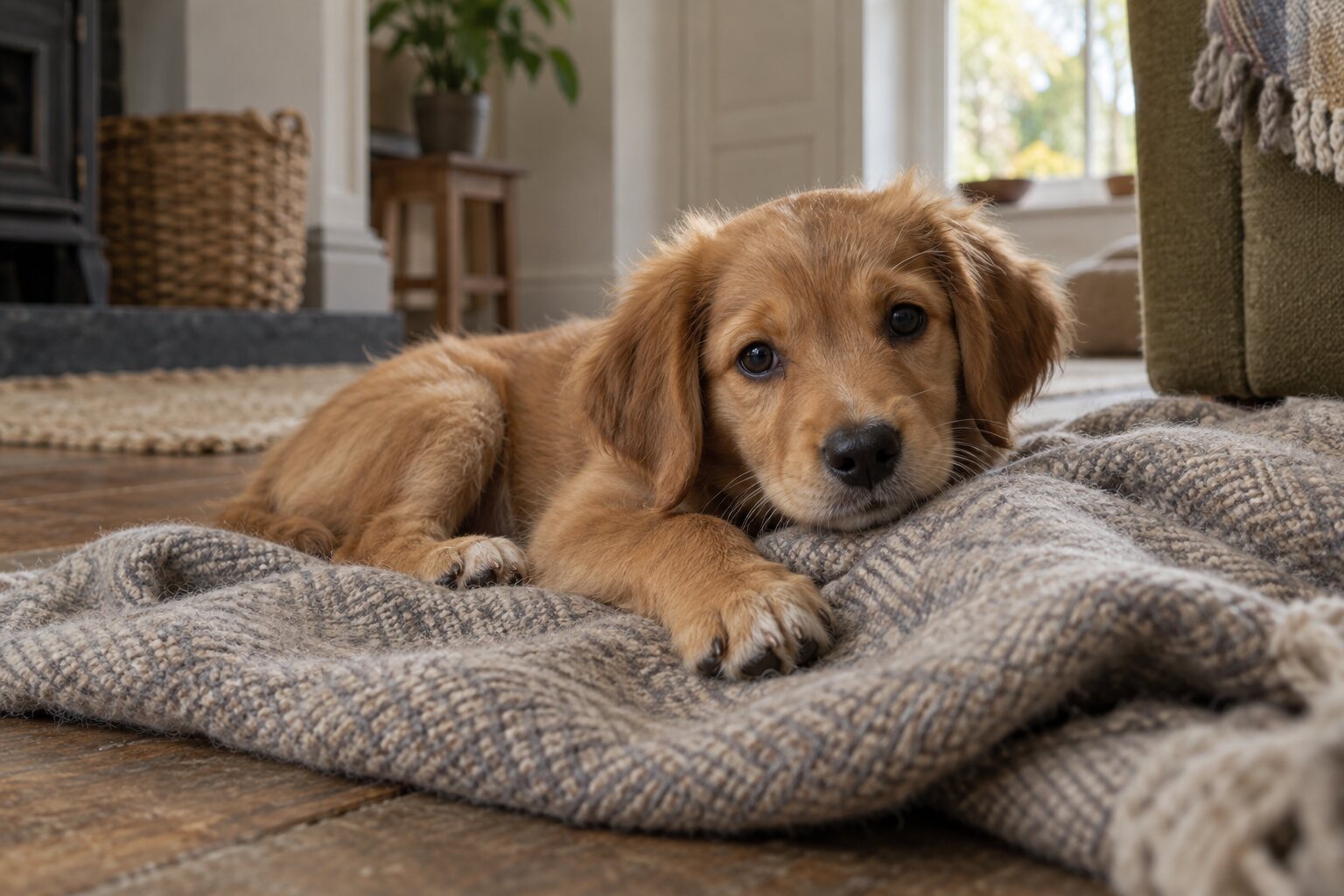 A golden puppy resting on a blanket at home