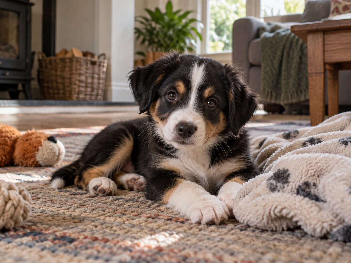 A small tri-colour puppy resting on a rug at home