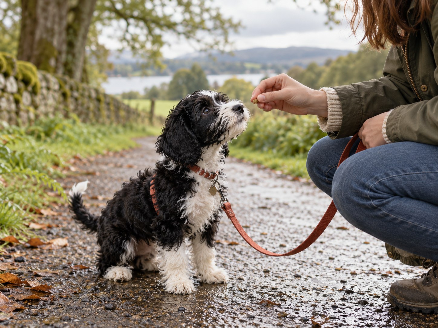 Puppy looking up to their person on an outdoor path